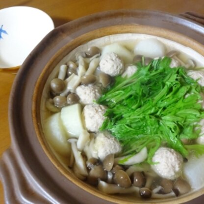 小松菜の代わりに水菜を入れて作りました！
生姜が効いてて、とても温まりました^m^
大根も柔らかく味もしみてて、美味しかったです♪